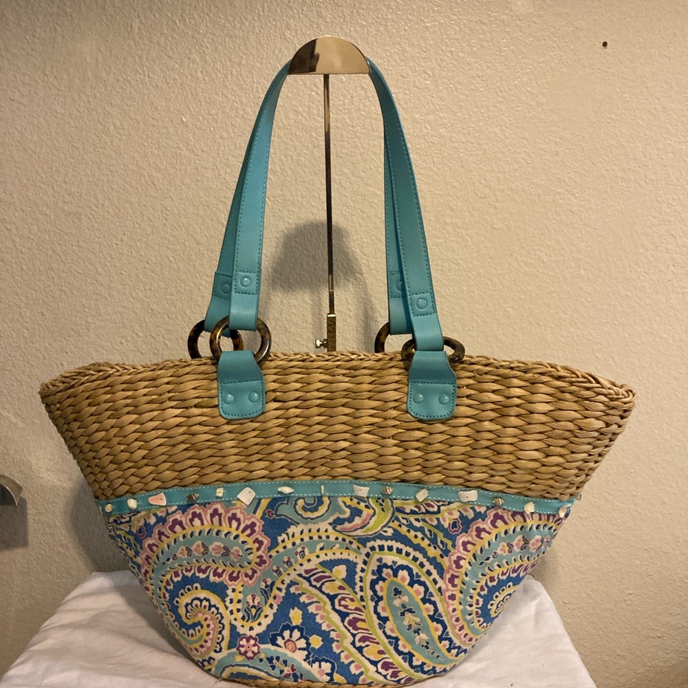 Vera Bradley Tan and Blue Paisley Tote/ woven tan body/ Straw Tote/Capri Blue/